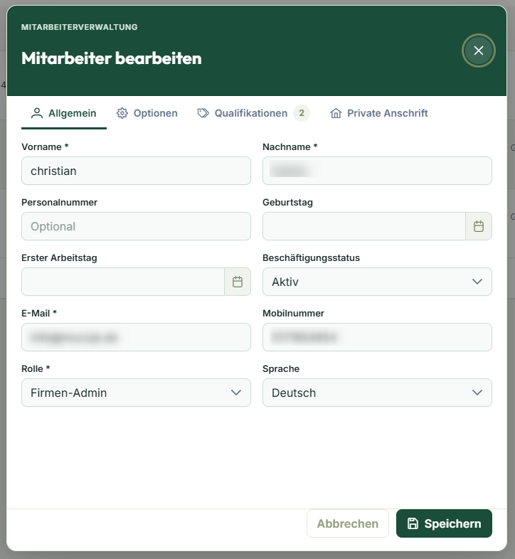 Mitarbeiteransicht mit Stammdaten und Qualifikationen